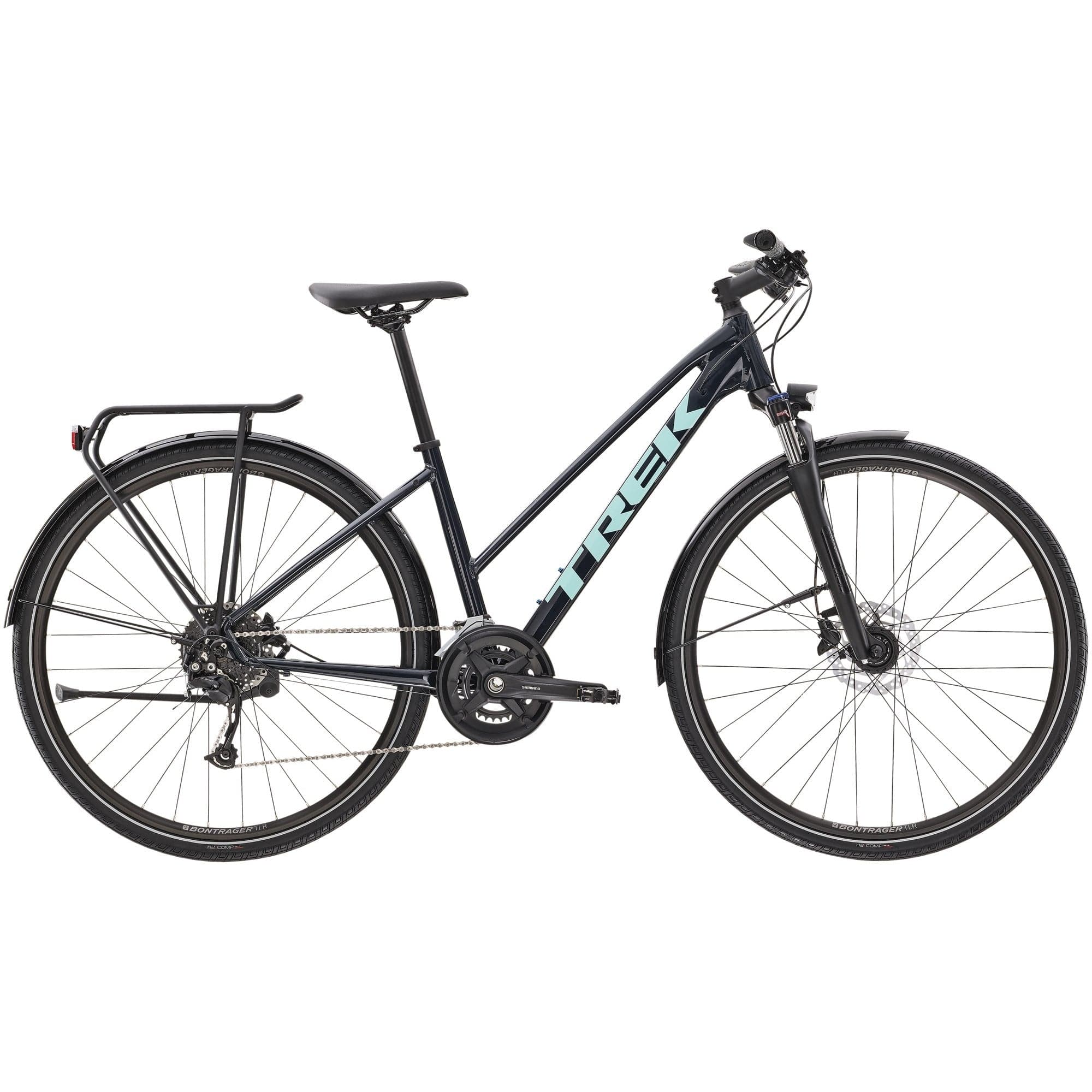 Trek Dual Sport 3 Equipped Stagger 2021 with a stagger frame, rack, mudguards and lights