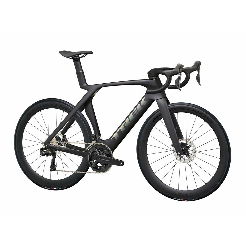 Trek Madone front on view. Carbon Smoke black and carbon wheels