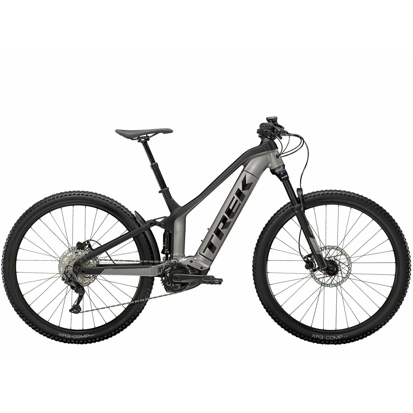 Trek Powerfly FS 4 625wh 2022 Grey / black side view with black trek logo